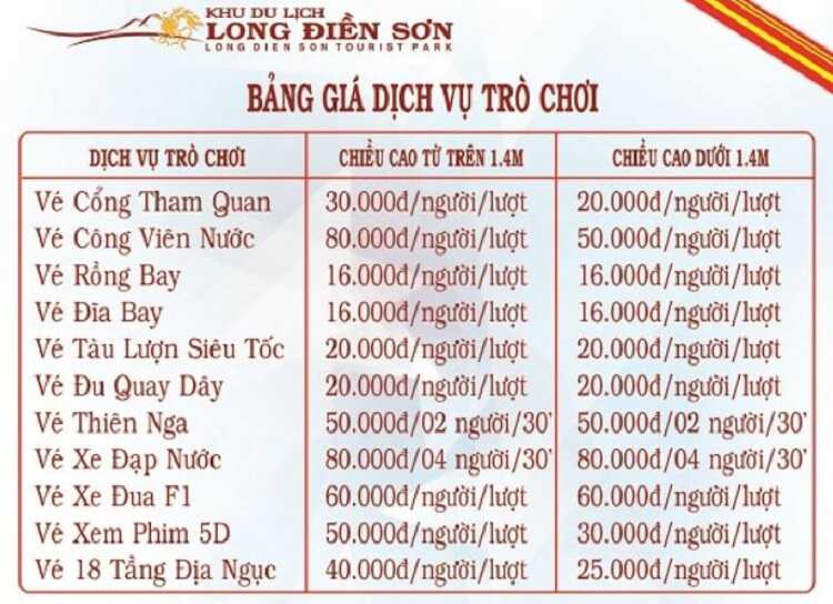 Giá vé vào cổng và chi phí vui chơi tại Long Điền Sơn Tây Ninh